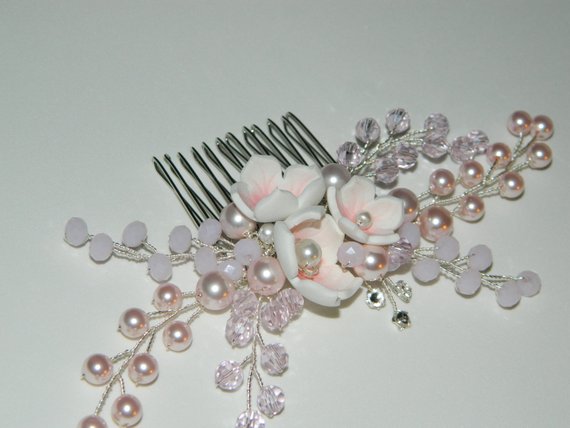 Свадьба - Pink Bridal Hair Comb, Blush Pink Floral Hair Comb, Swarovski Rosaline Pearl Hair Piece, Pink Blossom Hair Piece, Crystal Pearl Headpiece
