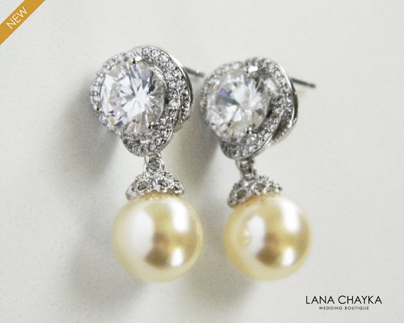 Hochzeit - Wedding Pearl Earrings, Ivory Pearl Bridal Earrings, Swarovski 10mm Pearl Cubic Zirconia Earrings, Bridesmaid Jewelry, Pearl Drop Earrings