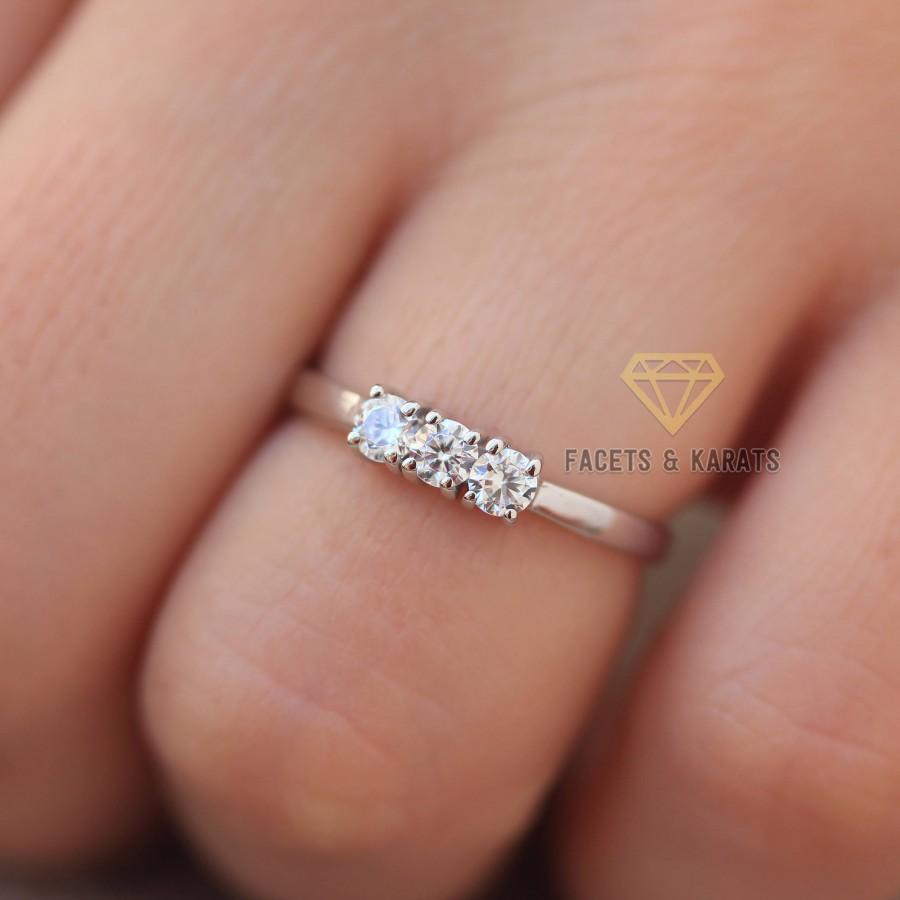 زفاف - 0.75ct Dainty Three Stone Promise Ring, Engagement Ring, Wedding Anniversary Band, 14K Solid White Gold, Yellow Rose Gold by FACETS & KARATS