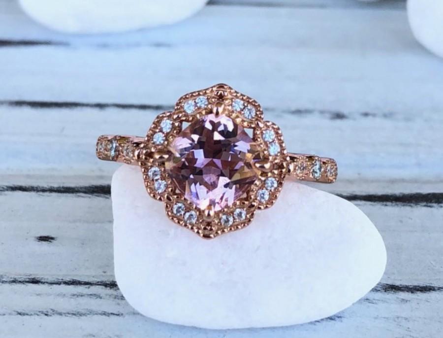 زفاف - Art Deco Rose Gold Cushion Cut 1.28Ct Pink Morganite Simulant And Round Cut Diamond Stone Sterling Silver Engagement Wedding Ring