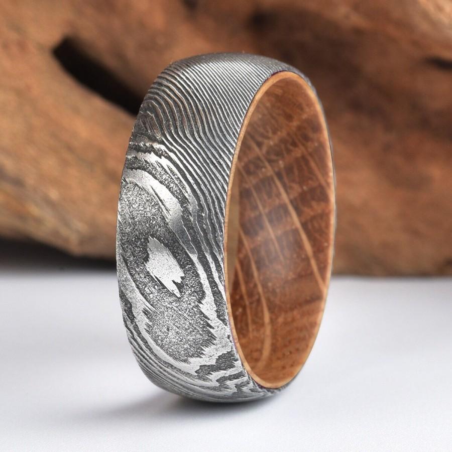 Whisky Barell Wood Mens Wedding Ring Twist Damascus Steel Wood Ring Lined With Whisky Barrel White Oak Mens Wedding Band 