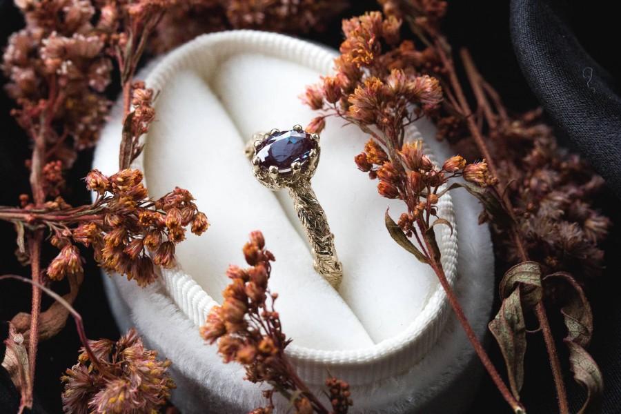 Wedding - Oval alexandrite gold leaf engagement ring, vintage style engagement ring, oval alexandrite ring, leaf engagement ring, nature engagement