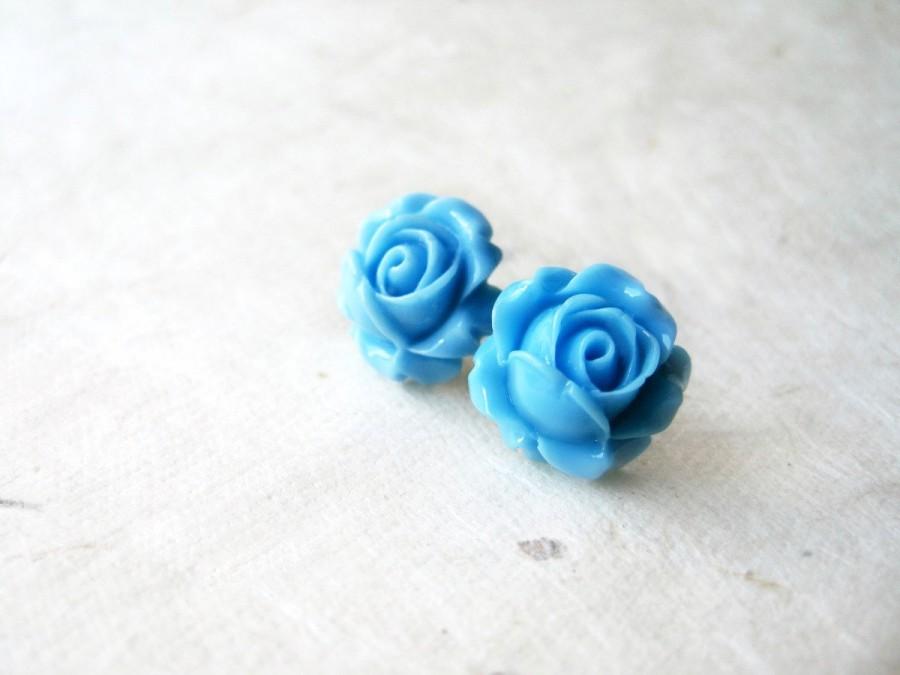 Mariage - Blue Rose Earrings, Sky Blue Studs, Light Blue Earrings, Floral Resin Studs, Large Flower Post Earrings, Spring Weddings, Light Blue Wedding