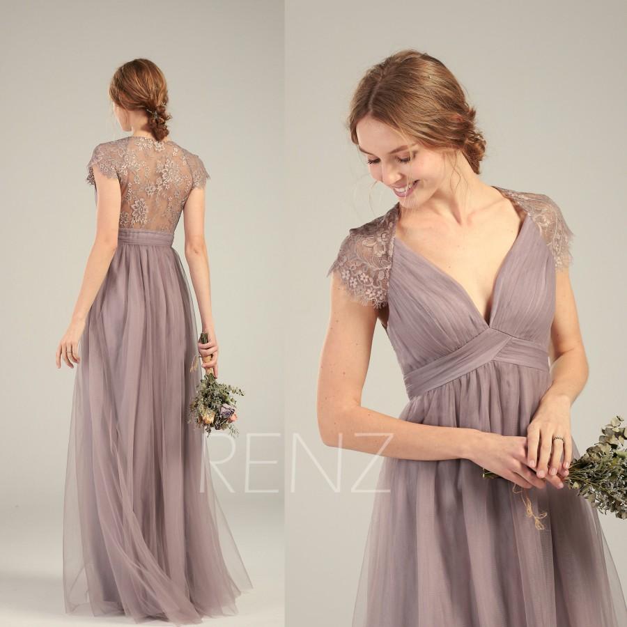 Mariage - Prom Dress Dark Mauve Tulle Bridesmaid Dress Cap Sleeves Wedding Dress Ruched V Neck Maxi Dress Illusion Back Long A-line Party Dress(HS732)