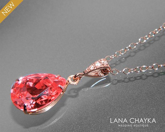 Свадьба - Rose Gold Coral Crystal Necklace, Swarovski Rose Peach Teardrop Necklace, Peach Coral Pink Gold Wedding Necklace, Bridesmaids Coral Jewelry