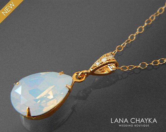 Свадьба - White Opal Gold Necklace Swarovski White Opal Rhinestone Necklace Opal Teardrop Wedding Necklace Bridal Bridesmaids White Opal Gold Jewelry