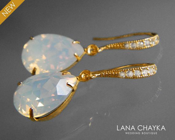 زفاف - White Opal Gold Crystal Earrings Swarovski Opal Rhinestone Earrings Opal Vermeil Gold Teardrop Earrings Bridesmaid Opal Jewelry Prom Jewelry