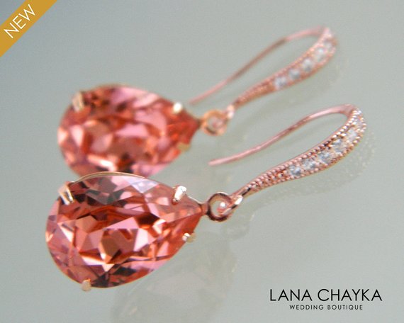 Hochzeit - Rose Gold Rose Peach Crystal Earrings, Swarovski Rose Peach Teardrop Earrings Coral Rhinestone Wedding Earring Bridesmaid Gift Prom Earrings