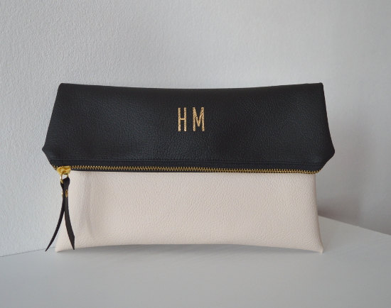 Wedding - Black and cream foldover clutch, Personalized bridesmaid gift