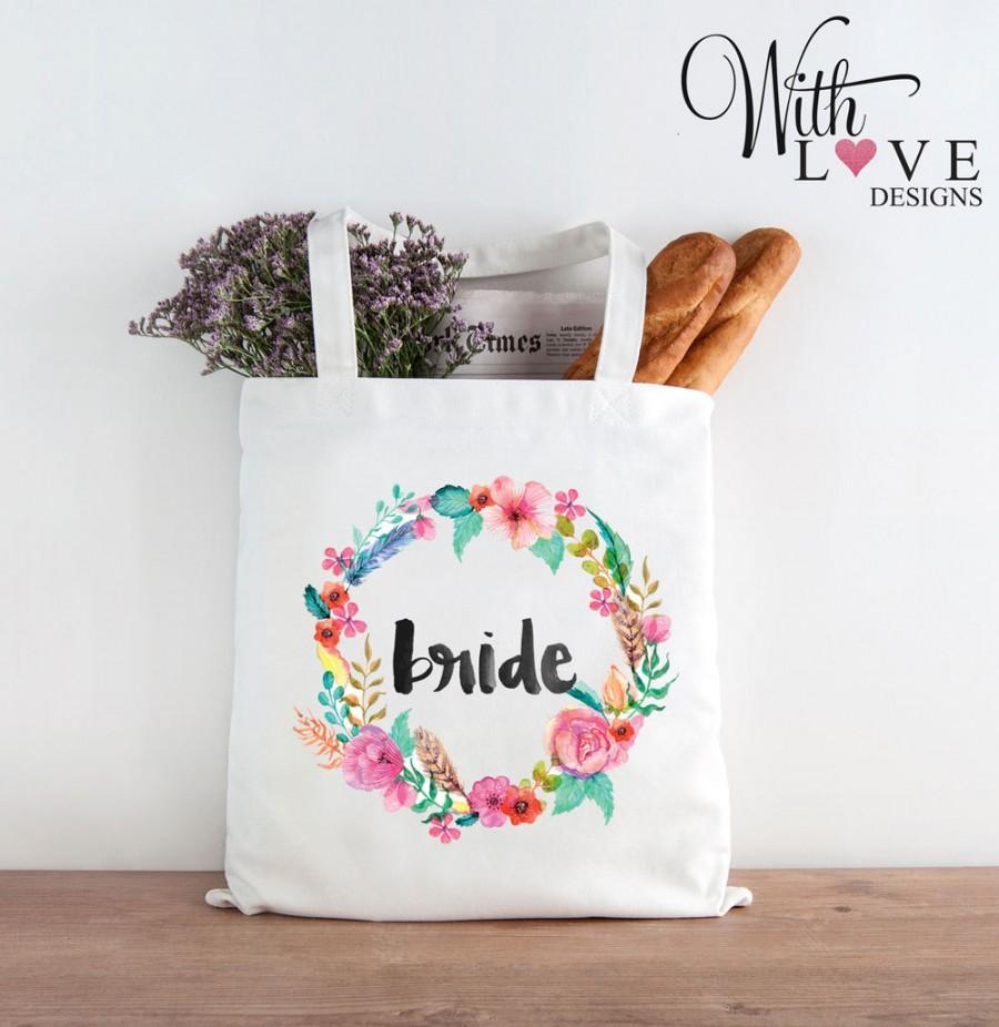 زفاف - Bride Floral Wreath Tote Shopper Shopping Bag Personalised Wedding Hen Party Gift