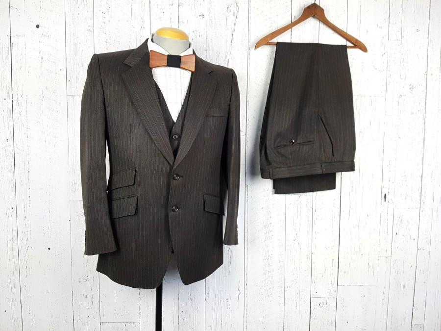 Mariage - Vintage 50s Savile Row Three Piece Suit Brown Striped 40R 40 Regular Jacket Waistcoat Vest 33x29 Flat Front Trousers Unique Wedding Wear