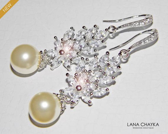 Hochzeit - Wedding Pearl Chandelier Earrings, Ivory Pearl Bridal Earrings, Swarovski Pearl Silver Earrings, Bridal Pearl Jewelry, Statement Earrings