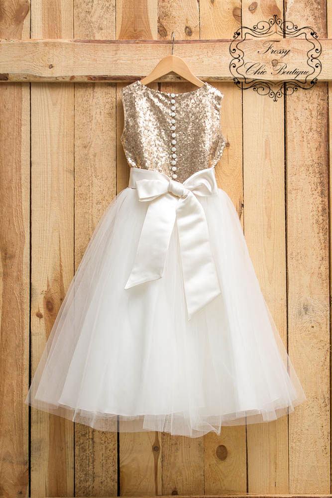 Mariage - Sparkly gold flower girl dress sequin ivory tulle lace dress girl pageant dress girls tutu dresses for girls birthday wedding party dresses