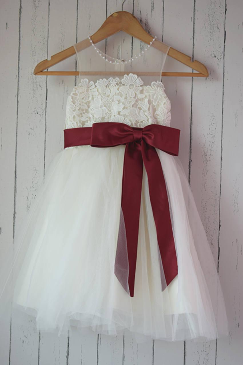 Hochzeit - Ivory Lace tulle Flower Girl Dress with satin burgundy sash