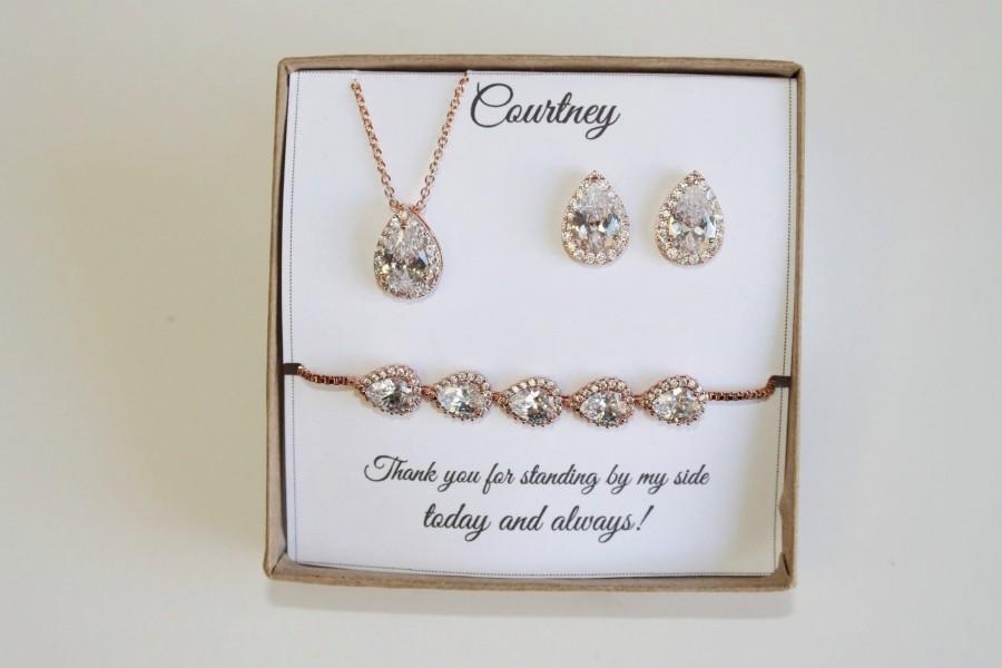 Hochzeit - Custom color, Bridesmaid Earrings gift set, Wedding Earrings, Cubic Zirconia, Teardrop Earrings, CZ necklace, Wedding Jewelry, Mother Gift