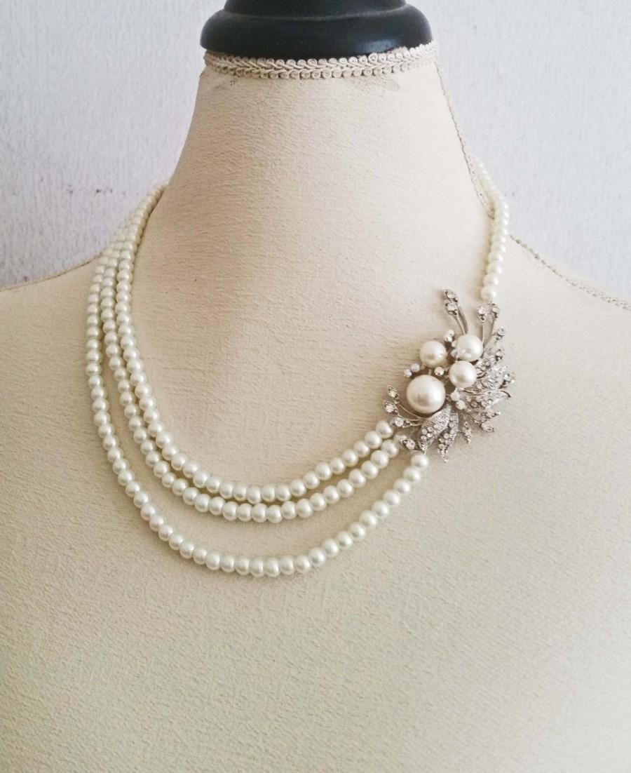 Hochzeit - Wedding Necklace Bridal Jewelry Pearl Necklace with Brooch Vintage Art Deco Leaf Statement Necklace matching Bridal Hair Comb available