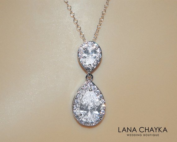 Свадьба - ON SALE Cubic Zirconia Bridal Necklace, Teardrop Crystal Necklace, Wedding Clear CZ Silver Necklace, Bridal Crystal Necklace, Bridal Jewelry