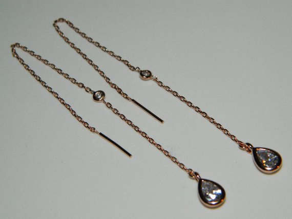 Hochzeit - Rose Gold Dainty Chain Threaders Earrings, Dangle Ears Threaders, Minimalist Threaders, Bridal Threader Earrings, Pink Gold Delicate Earring