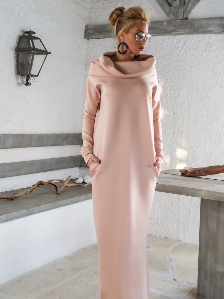 Hochzeit - Neoprene Maxi Dress/ Plus Size Dress / Blush Pink Kaftan / Plus Size Maxi / Winter Dress / Dress with Pockets / Turtleneck Dress / #35144