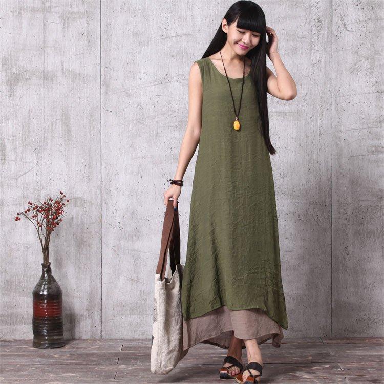 Mariage - Loose Fitting Long Maxi Dress - Summer Dress in Green - Sleeveless Sundress for Women