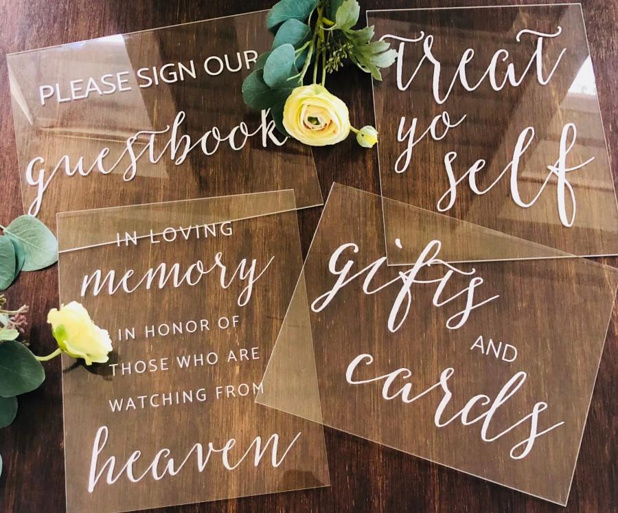 Mariage - Modern Calligraphy Set of Guestbook, Gifts and Cards, Loving Memory, Please Take One Favors Clear Glass Look Acrylic Wedding Signs, 8x10,S&S