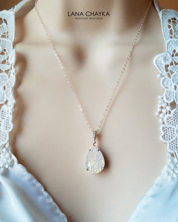 Свадьба - White Opal Crystal Necklace, Swarovski Opal Silver Necklace, Teardrop Opal Pendant, Bridal Opal Necklace, Wedding Jewelry Bridesmaid Jewelry