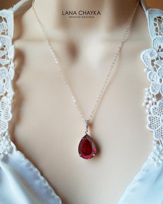 Hochzeit - Dark Red Crystal Necklace, Wedding Red Teardrop Necklace, Swarovski Siam Red Pendant, Wedding Red Jewelry, Bridal Bridesmaids Red Necklace