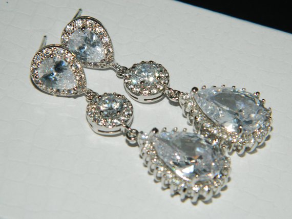 زفاف - Crystal Bridal Earrings, Cubic Zirconia Chandelier Wedding Earrings, Teardrop Earrings, Bridal Jewelry, Sparkly Halo Earrings, Prom Earrings