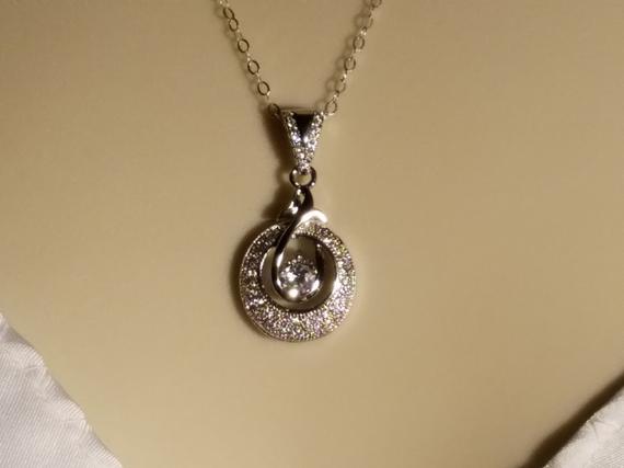 Mariage - Cubic Zirconia Wedding Necklace, Micro Pave CZ Silver Necklace, Bridal CZ Charm Necklace, Bridal Jewelry, Wedding jewelry, Crystal Necklace