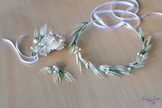 Mariage - White green Wedding set Crown comb boutonniere Summer bridal Marine wedding crown Mermaid comb Sea wedding accessories Bridal