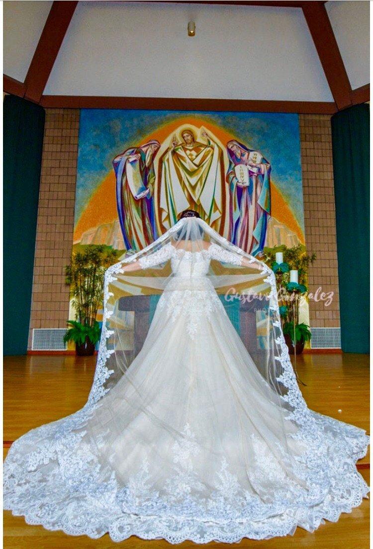 زفاف - Wedding Veil Chapel with lace, light ivory lace veil, one tier royal veil, white lace veil, champagne  Veil With Crystals,  Long Bridal Veil