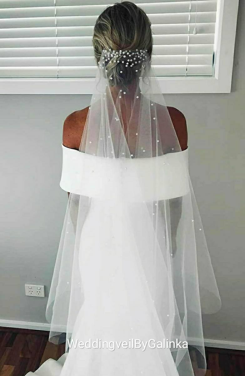 Свадьба - Wedding veil with pearls, veil, veils, long veil, fingertip veil, beaded veil, pearl veil, champagne veil, ivory veil,  wedding, white veil