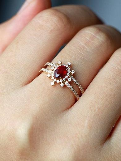 14K Rose Gold Natural Ruby and Diamond Halo Ring Oval Shape Art Deco Antique Engagement Ring Birthstone Ring Promise Ring Gift for her