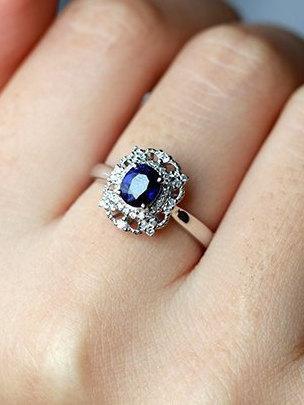 Hochzeit - vintage engagement ring sapphire engagement ring women 14k white gold antique art deco unique halo diamond Birthstone Rings gift for her