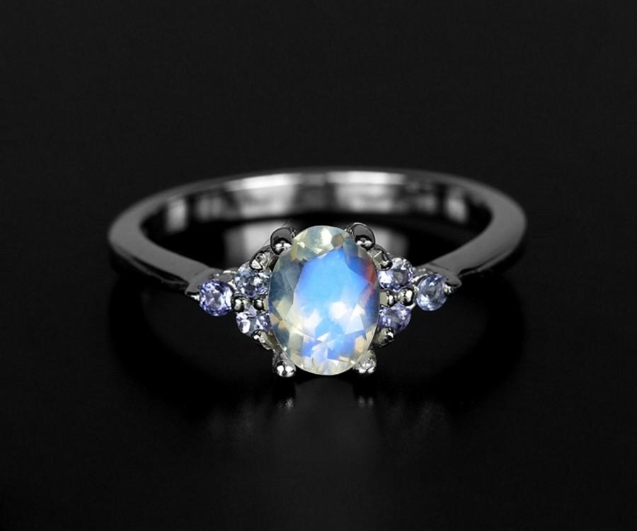 زفاف - Wedding moonstone ring, delicate rainbow moonstone for her, moonstone engagement 14K white gold December Birthstone Valentine's day gift