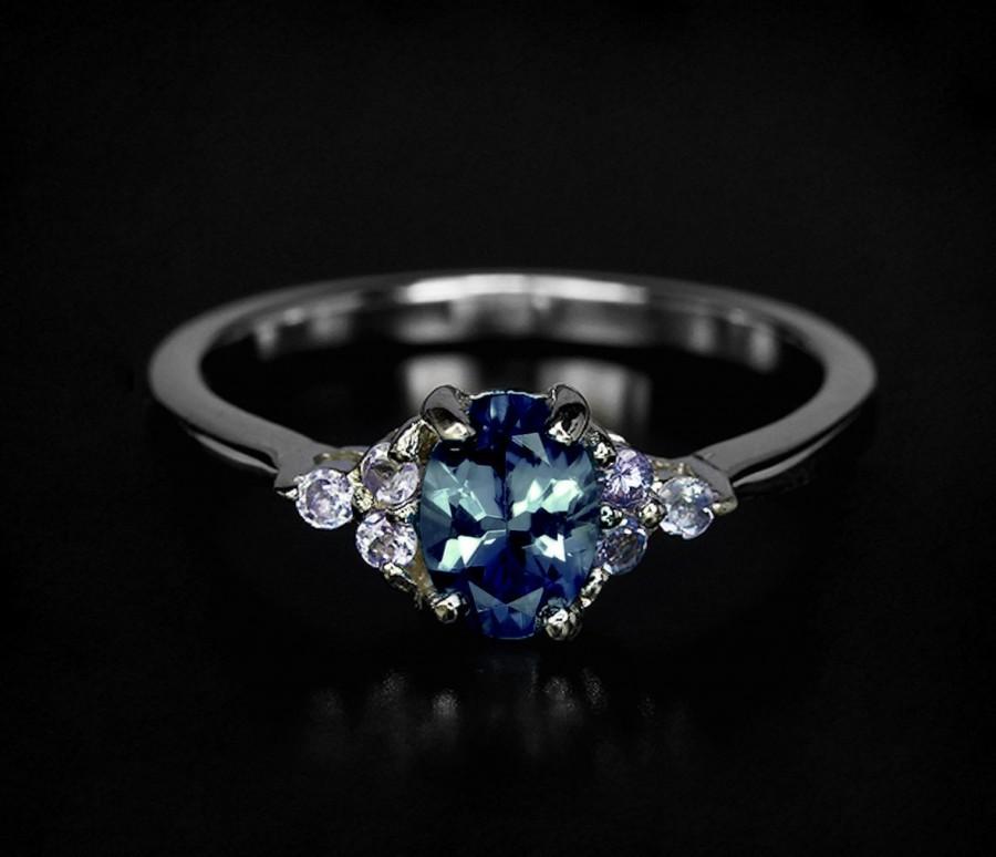 Hochzeit - Blue Sapphire engagement ring, 21st birthday gift for her 14K white gold, 18K rose gold ring engraved gift for women, Valentine's day gift