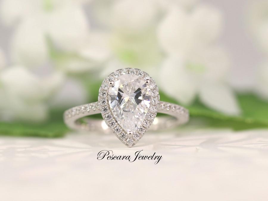 Wedding - 2.2ct tw Classic Pear Halo Engagement Ring, 2 Carat halo Ring, promise ring, bridal ring, wedding ring, anniversary ring, sterling silver