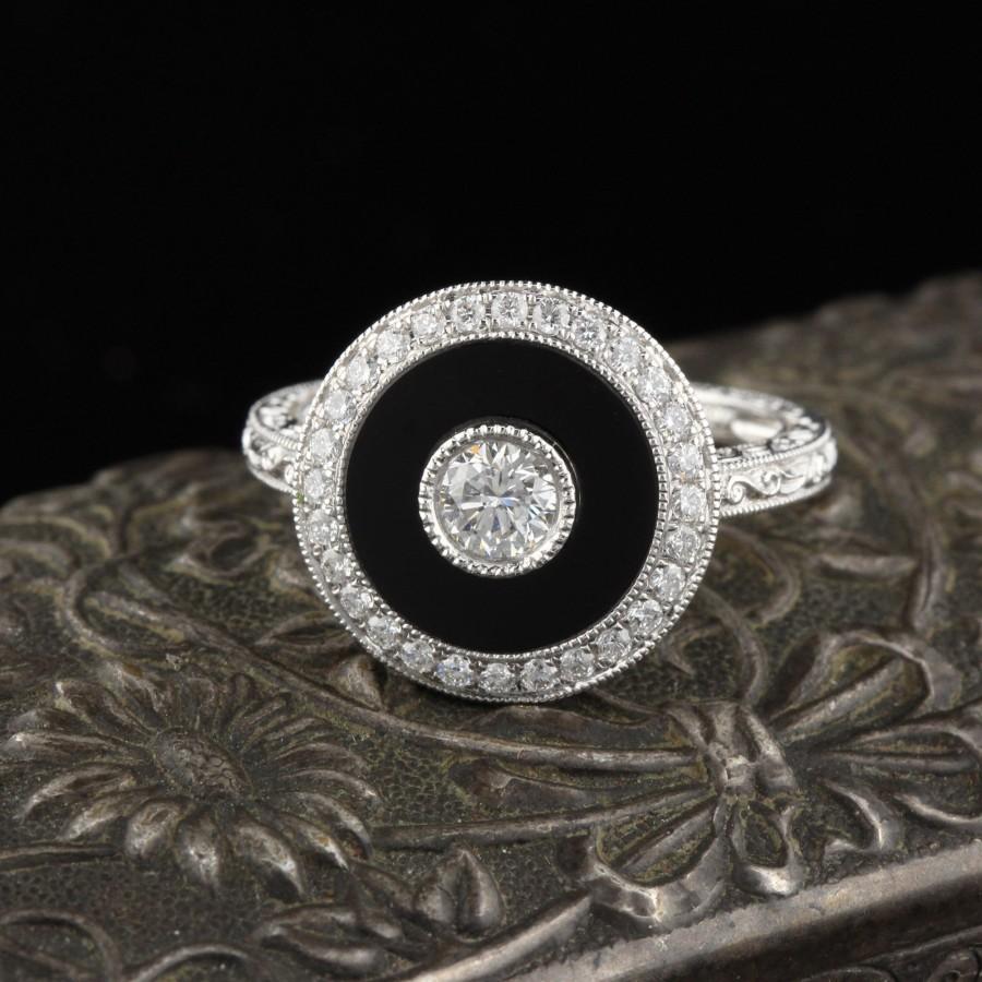 Свадьба - Art Deco Inspired 18K White Gold Onyx & Diamond Ring
