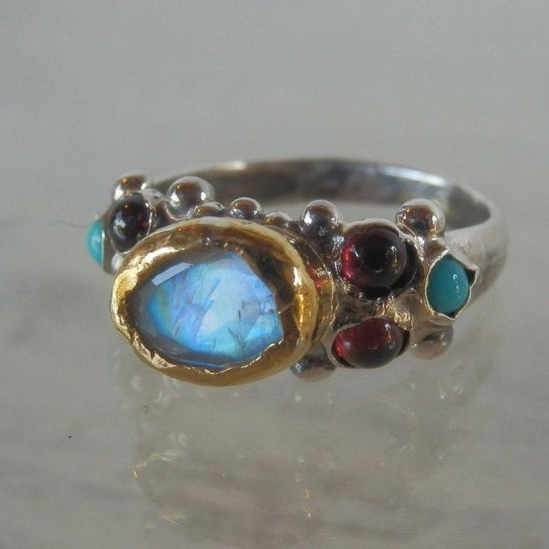 Hochzeit - Vintage Style Engagement Ring 24K Solid Gold and Silver Wedding Ring Bezel Set Rainbow Moonstone Alternative Engagement Ring