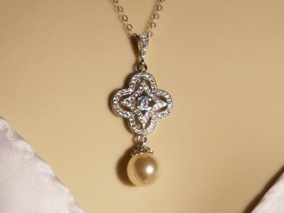 Hochzeit - Pearl CZ Bridal Necklace, Swarovski 10mm Cream Ivory Pearl Necklace, Wedding Pearl Silver Necklace, Bridal Pearl Jewelry, Prom Pearl Jewelry