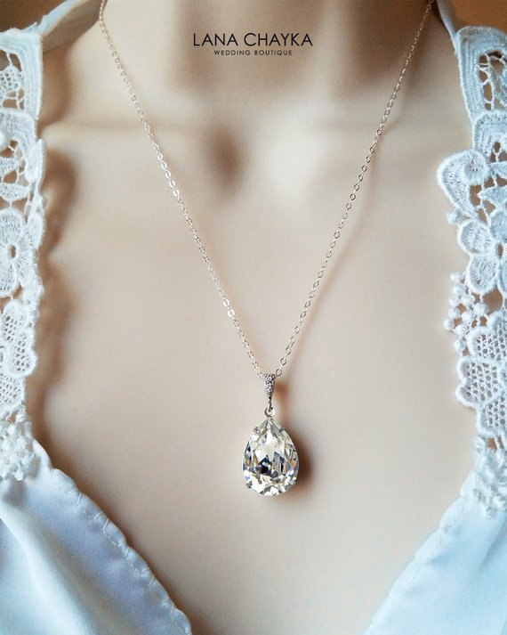Mariage - Wedding Crystal Teardrop Necklace, Swarovski Rhinestone Silver Necklace, Bridal Crystal Jewelry, Sparkly Crystal Pear Pendant, Prom Necklace