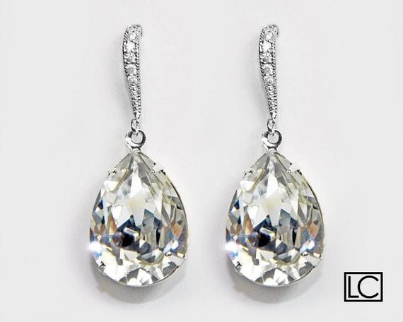 زفاف - Clear Crystal Teardrop Bridal Earrings Swarovski Rhinestone Silver Cz Dangle Earrings Sparkly Wedding Earrings Bridesmaid Crystal Jewelry