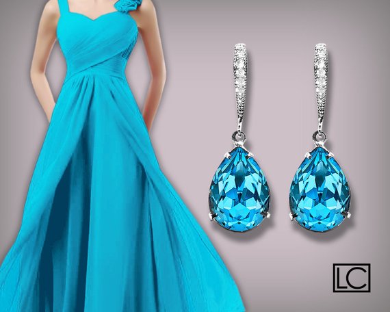 Hochzeit - Aqua Blue Crystal Earrings Swarovski Aquamarine Rhinestone Earrings Teardrop Blue Earrings Bridesmaid Blue Earrings Wedding Blue