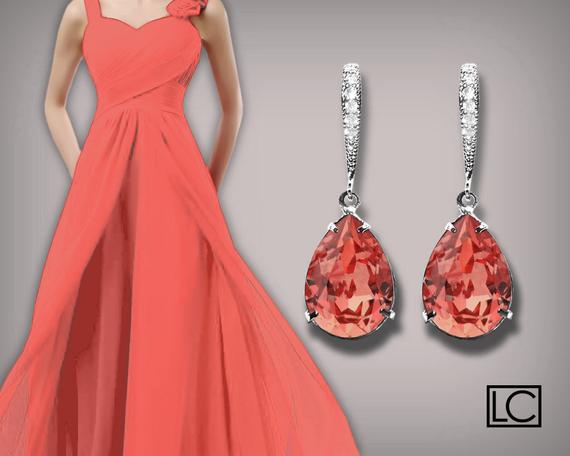 Wedding - Rose Peach Coral Crystal Earrings, Swarovski Rose Peach Teardrop Earrings, Wedding Coral Rhinestone Earrings, Bridesmaids Gift Coral Jewelry