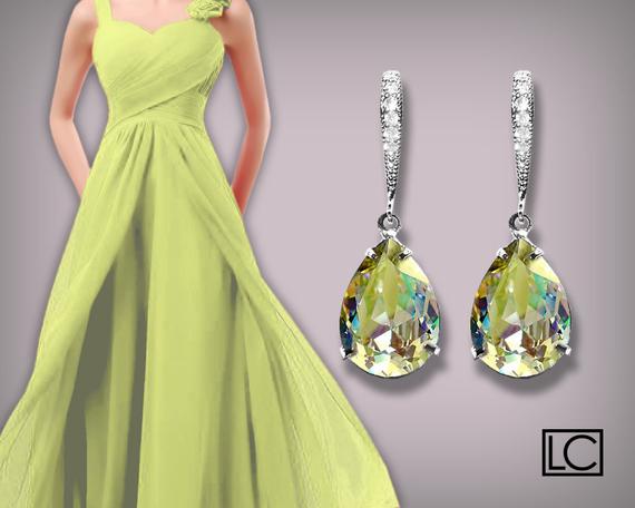 Wedding - Lime Sherbet Pastel Green Earrings, Swarovski Luminous Green Silver Teardrop Earrings, Wedding Jewelry, Bridesmaids Crystal Earrings