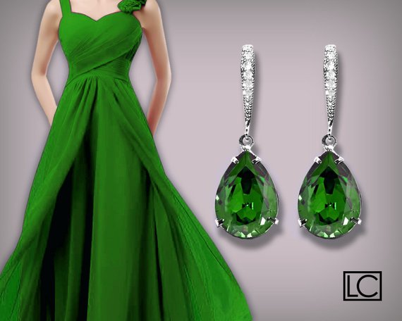 Wedding - Fern Green Crystal Earrings Bridesmaid Green Rhinestone Earrings Swarovski Green Teardrop Earrings Silver CZ Fern Green Jewelry Wedding Gift