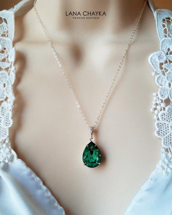 Wedding - Emerald Crystal Necklace, Swarovski Teardrop Rhinestone Necklace, Wedding Green Emerald Silver Jewelry, Bridal Green Jewelry, Prom Jewelry