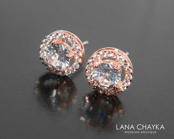 Mariage - Bridal Earrings, Rose Gold Cubic Zirconia Studs, Wedding Halo Earrings, Round Halo Earring Studs, Rose Gold Bridal Jewelry, Royal Wedding