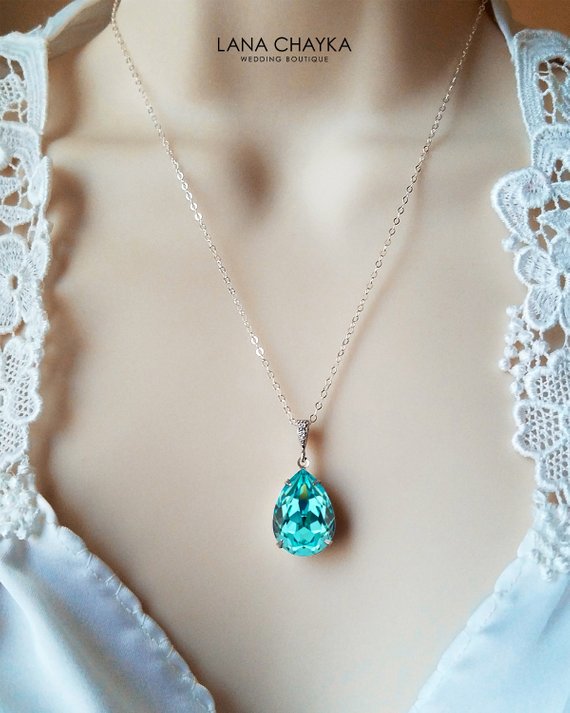 Wedding - Light Turquoise Crystal Necklace, Teal Turquoise Teardrop Wedding Necklace, Swarovski Rhinestone Silver Pendant Wedding Bridal Teal Jewelry