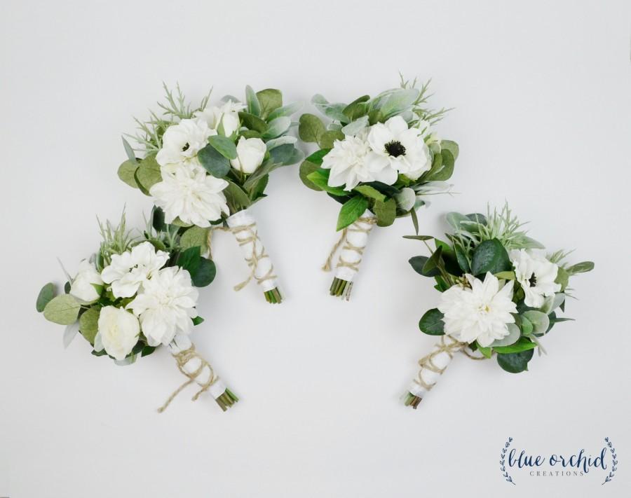 Hochzeit - Bridesmaid Bouquet, Wedding Flowers, Silk Bridesmaid Bouquet, Bridesmaid Bouquets, Artificial Bouquet, Wedding Bouquet, Green and White